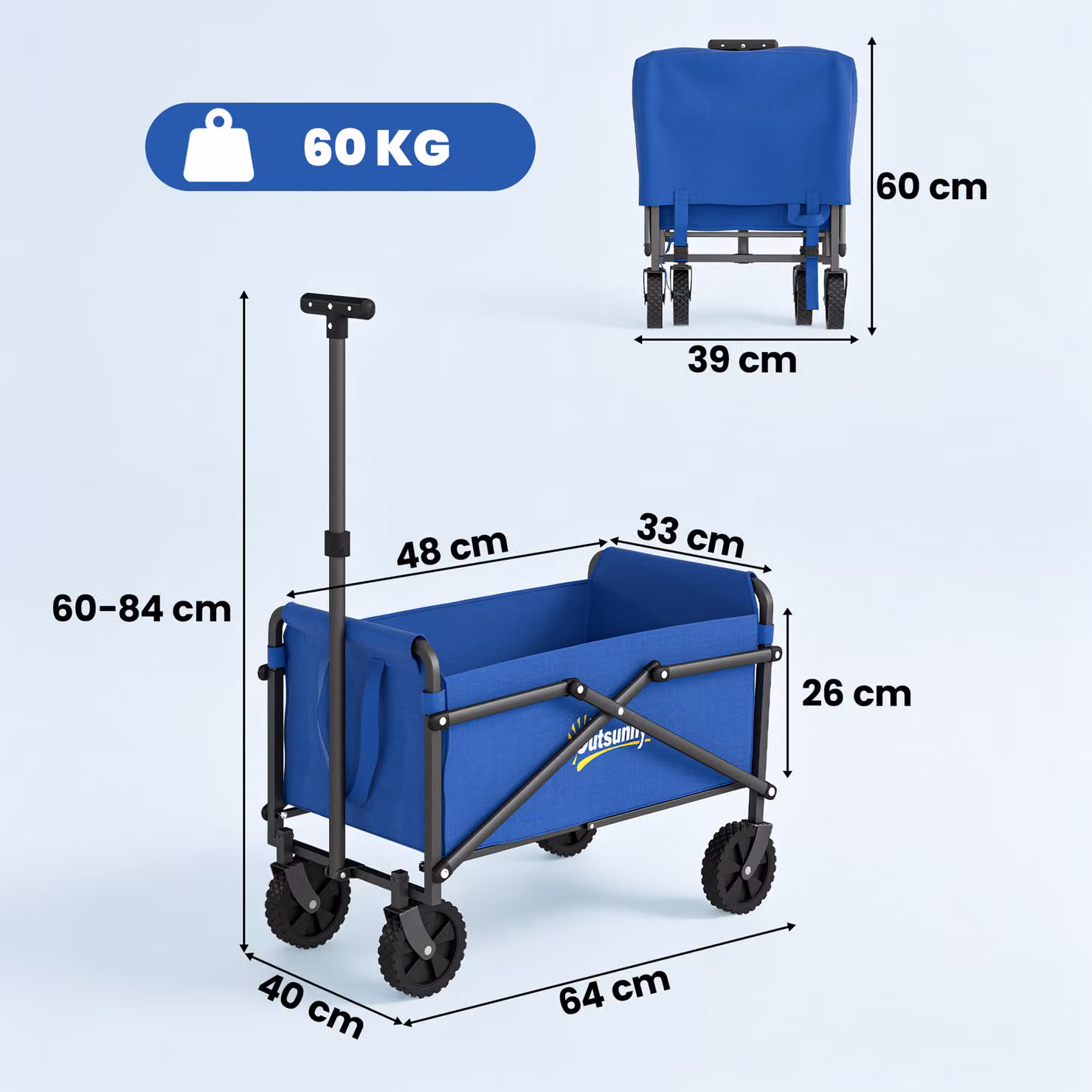 Outsunny 41L Blue Festival Trolley with Wheels, Heavy Duty 60kg Capacity Collapsible Folding Garden Wagon and Carrying Bag – 3