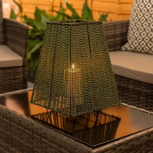 ValueLights Green and Black Metal Battery Operated Outdoor Geometric Pillar Candle Lantern, H 33.5 x W 25.0 x D 25.0 cm – 3