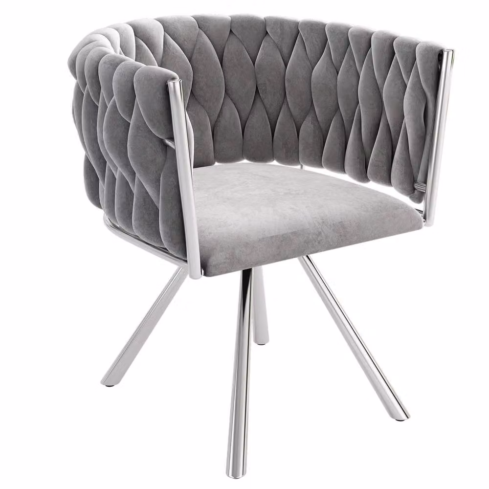 Rolipo Set of 2 Grey Silver Velvet Swivel Dining Chairs with Metal Legs – 3