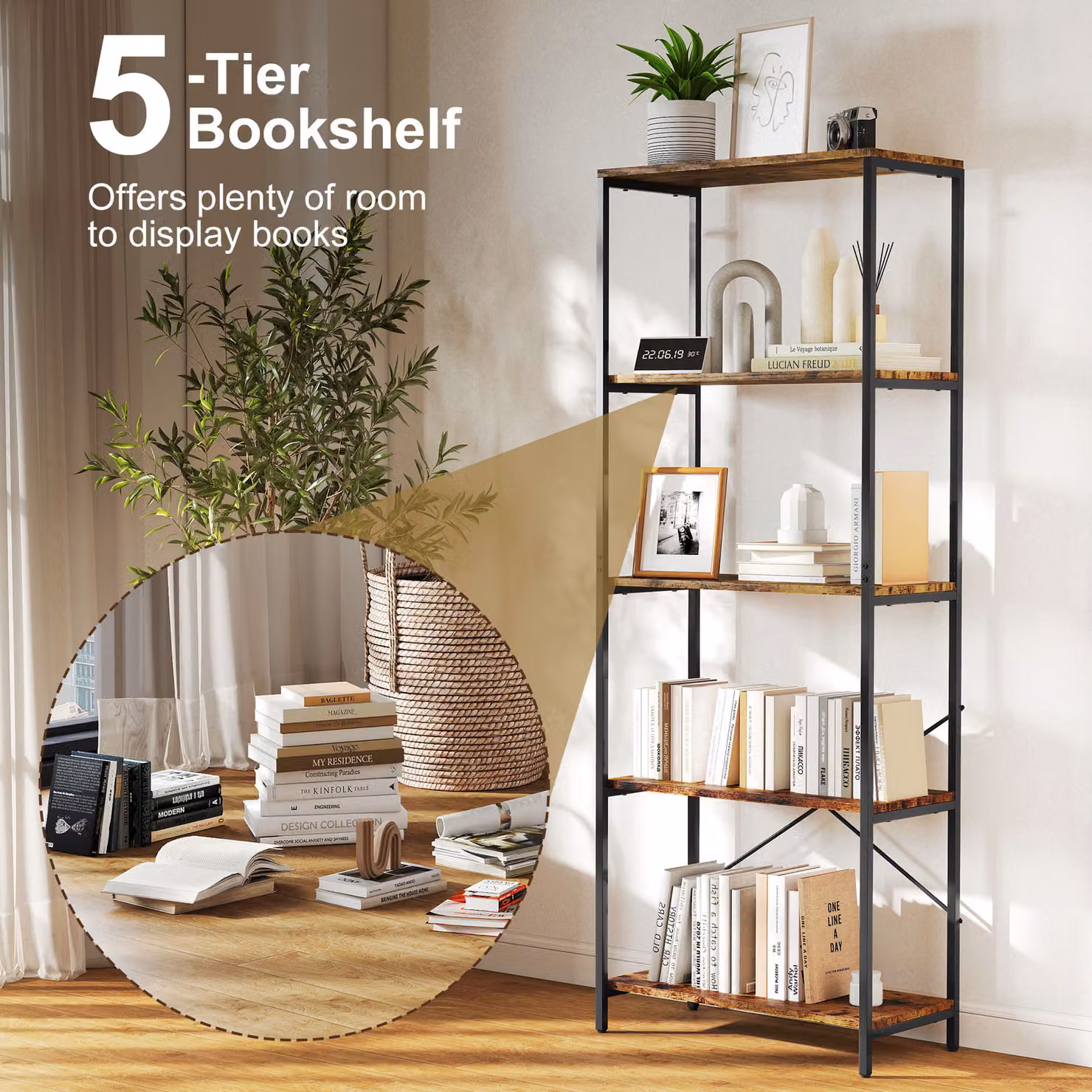 HOMCOM 5-Tier Industrial Bookshelf with Metal Frame in Rustic Brown and Black – 3