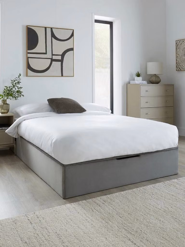 Duncan Upholstered Double Storage Ottoman Bed with Lift Up Base in Grey