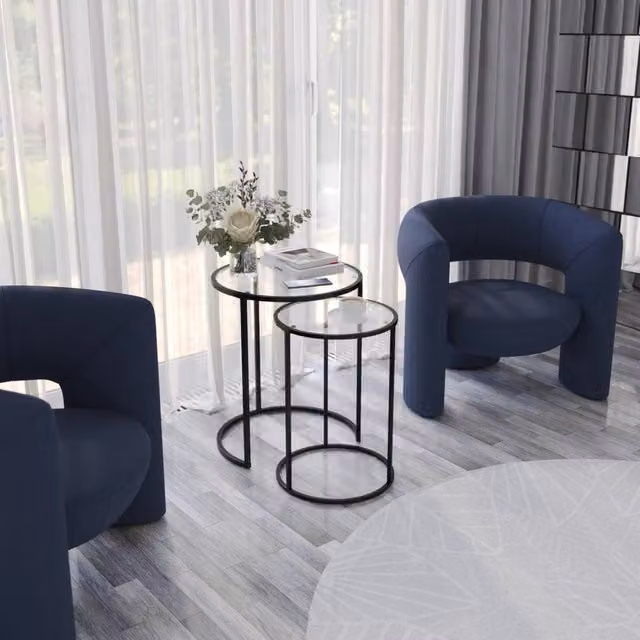 Levia 2 Piece Round Nested Coffee Tables with Glass Tops and Sled Base in Black and Multicolour – 1