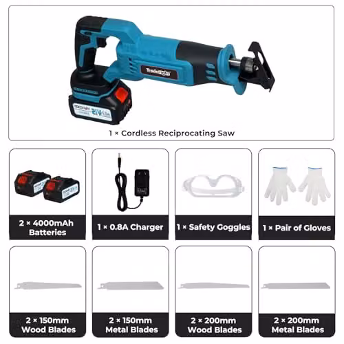 Traderight 21V Cordless Reciprocating Saw Set with 2 x 4.0Ah Rechargeable Batteries in Blue – 9