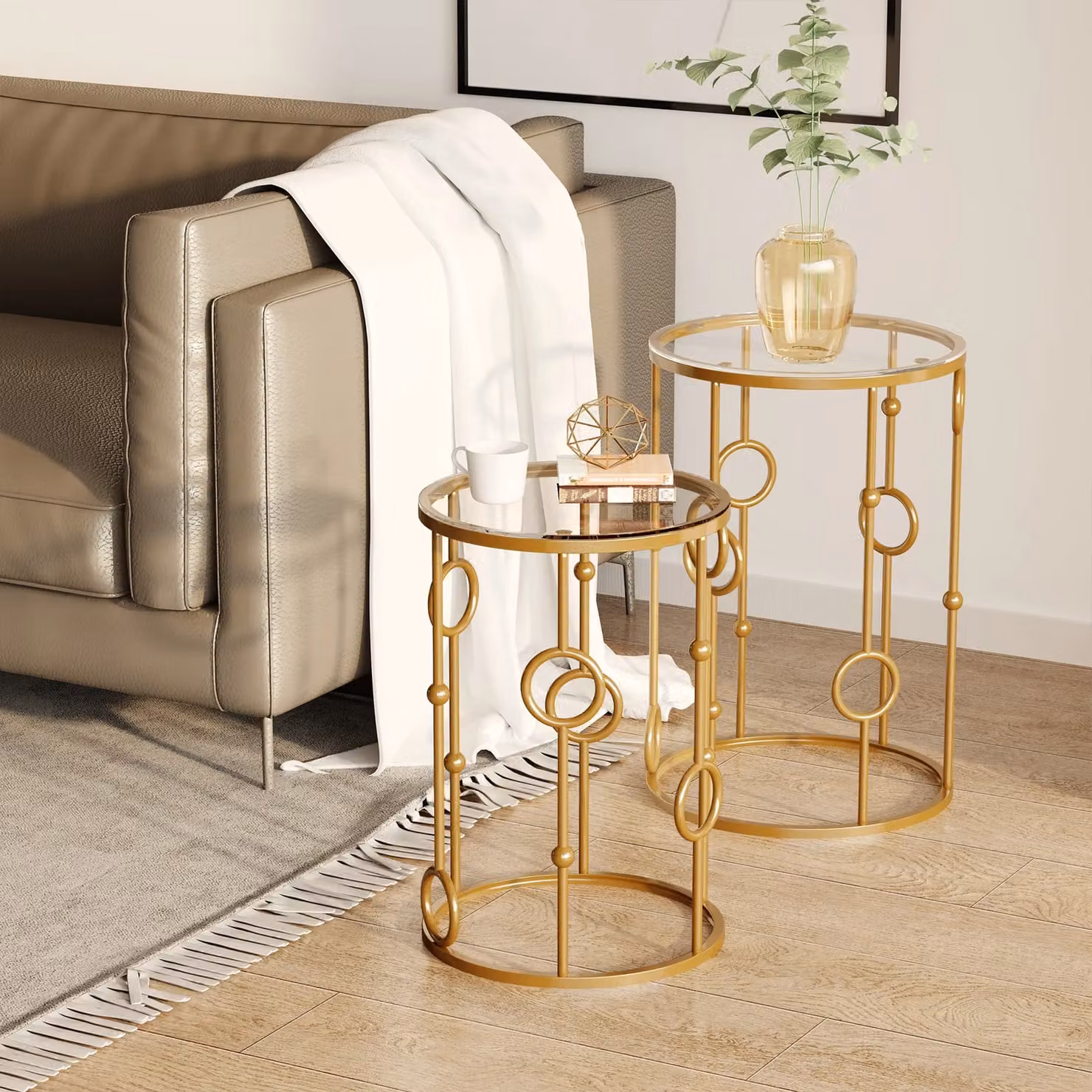 HOMCOM Set of 2 Round Gold Nesting Coffee Tables with Glass Tops – 3