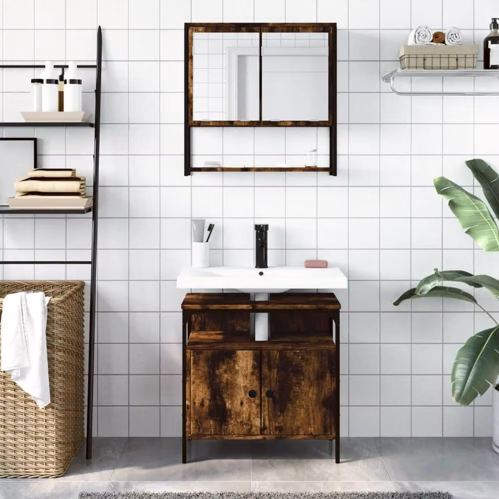 Berkfield Home 2 Piece Industrial Bathroom Furniture Set in Smoked Oak Brown featuring Mirror Cabinet and Vanity Unit – 3