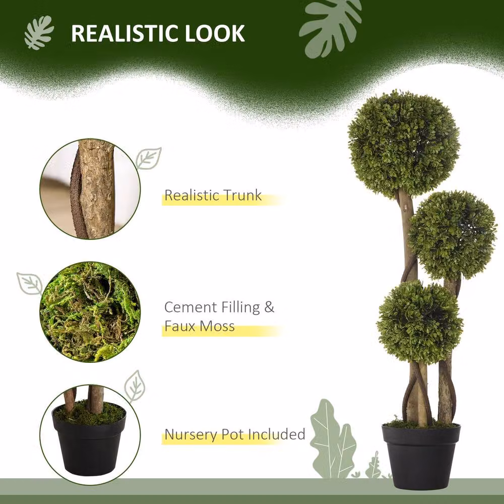 HOMCOM Set of 2 Light Green Round Boxwood Ball Topiary Artificial Potted Trees – 4