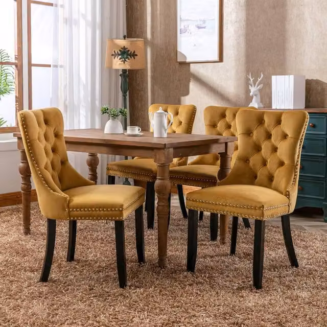 Modern Home Touch Romsey Set of 4 Yellow Velvet Upholstered Dining Chairs with Oak Legs and Knocker Ring Back