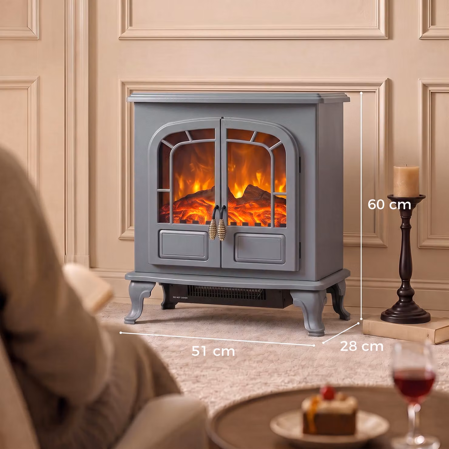 HOMCOM Freestanding Electric Fireplace Stove Heater with LED Flame Effect in Grey – 3
