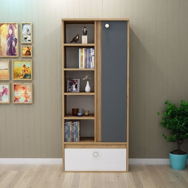 Destina Home Volta Modern Bookcase with Cabinet and Shelves in Grey, White and Oak