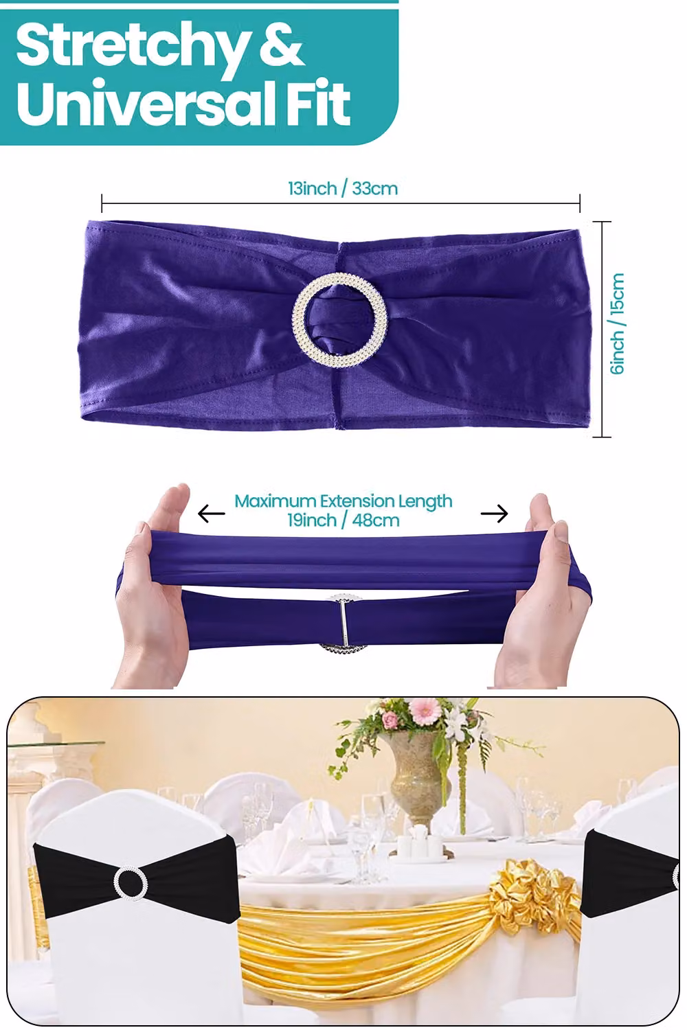 Neel Blue Purple Spandex Chair Bands with Slider Buckle, 10-Piece Set of Stretchy Elastic Dining Chair Sashes – 2
