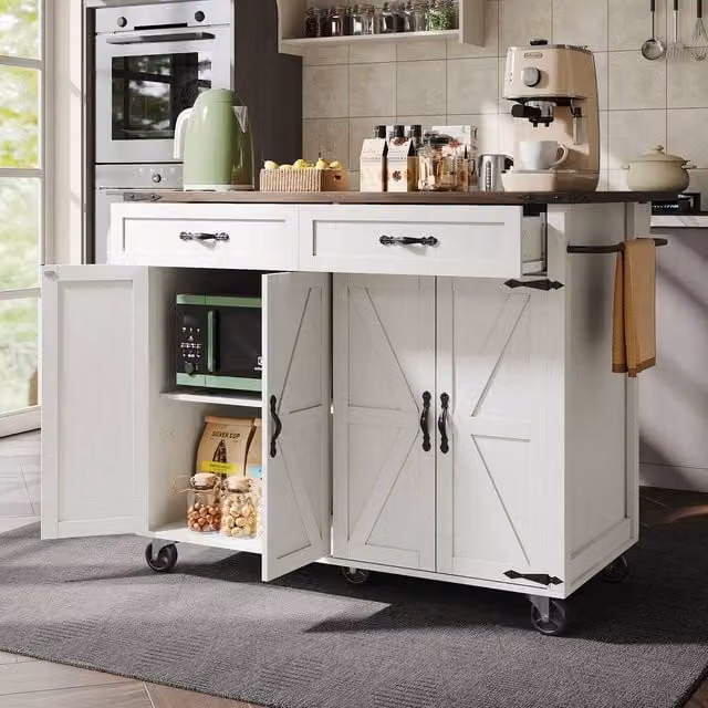 ModernLuxe Mobile Kitchen Island with 4 Doors and 2 Drawers, White and Natural, W/D/H: 93 x 45 x 72 cm – 1