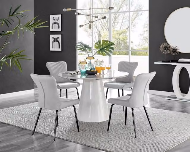 Furniturebox Palma Round White Marble Effect Dining Table and 4 Nora Black Leg Chairs in Grey
