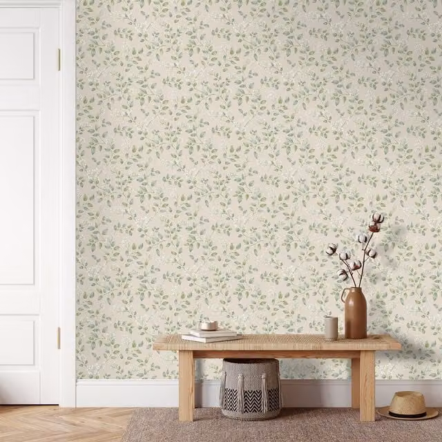 Grandeco Forget Me Not Leaf Trail Botanical Floral Smooth Paper Wallpaper in Green and White