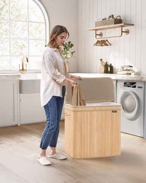 SONGMICS Extra Large Bamboo Laundry Hamper with Lid and Removable Beige Fabric Bag