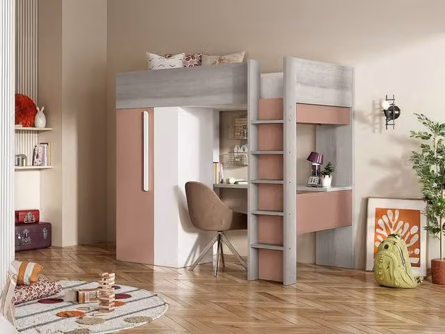 Vente-unique Single Loft Bed with Wardrobe and Desk in Grey, Pink and White, W/D/H: 200 x 90 x 183.1 cm – 1