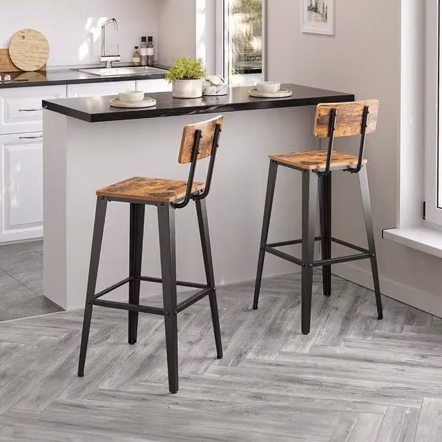 VASAGLE Set of 2 Industrial Bar Stools with Backrest in Bronze, Brown and Black