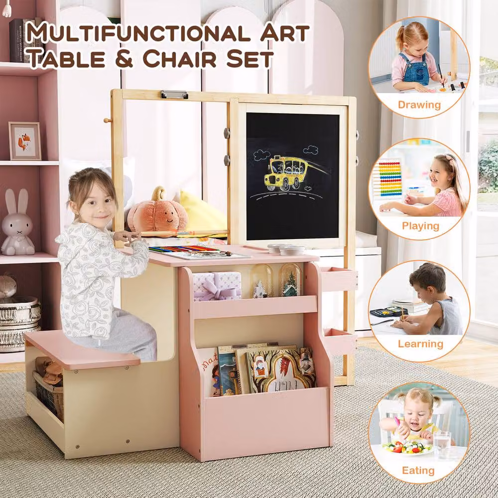 Costway Kids Art Easel, Table and Bench Set with Double-Sided Adjustable Easel in Pink – 4