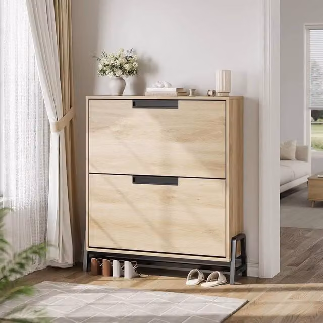 Havendro Narrow Hidden Shoe Storage Organizer Cabinet with 2 Tilting Drawers in Light Oak – 1