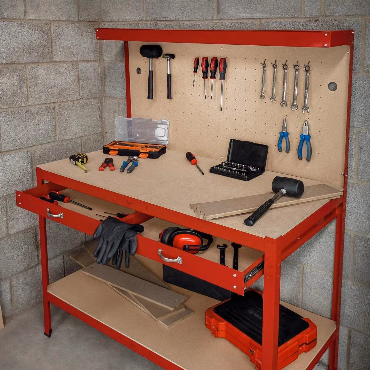 Monstershop Workbench with Pegboard and Light, Red, W/D/H: 120 x 60 x 200 cm – 3