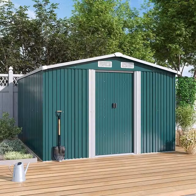 Lifeideas Metal Apex Roof Garden Shed in Dark Green, W: 243.84 cm, D: 304.8 cm, H: 243.84 cm