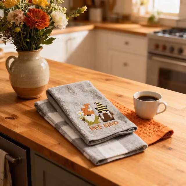 Kitchen Trends Highly Absorbent Embroidered 3-Pack Tea Towel Set in Grey, White and Orange