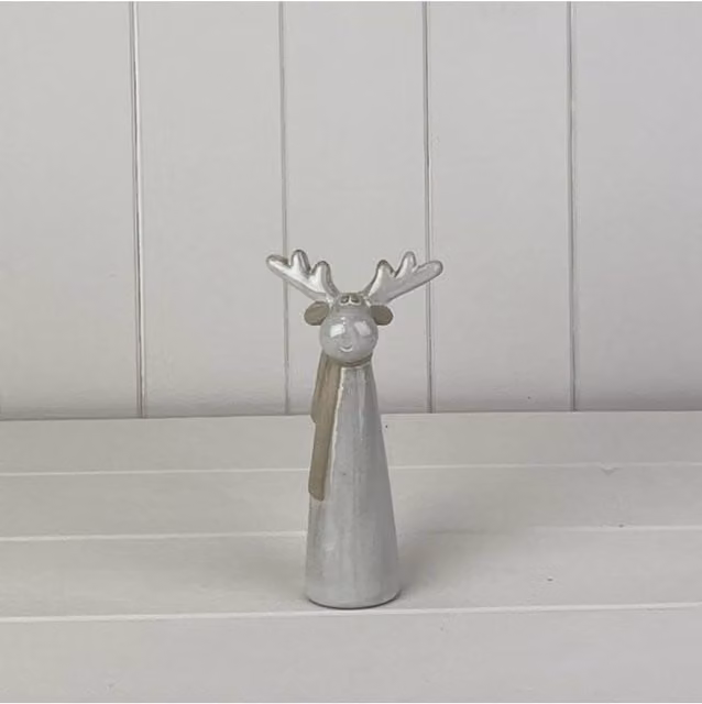 KDMD Glazed Ceramic Tall Reindeer Ornament in Light Grey with Textured Detail