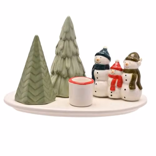 Widdop and Co Santa & Friends White Ceramic Snowman Scene Tabletop Candle Holder for Taper or Tealight Candles