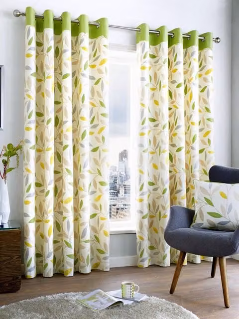 Fusion Beechwood Leaf Floral Cotton Eyelet Curtains in Green, W: 229 cm, H: 229 cm