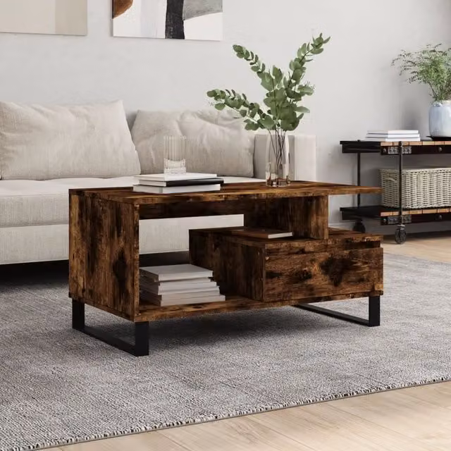 Berkfield Home Modern Rectangular Coffee Table in Smoked Oak Brown, W/D/H: 90 x 49 x 45 cm