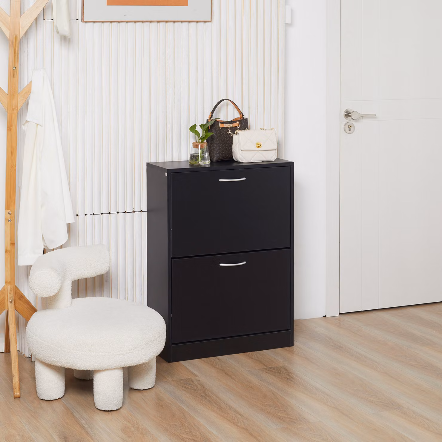HOMCOM Modern Black Wood Shoe Cabinet with 2-Tier Tilting Compartments and Drawer for Hallway Organisation – 2