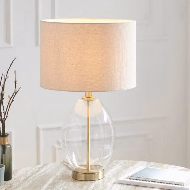 Pagazzi Lighting East Antique Brass Table Lamp in Gold and Beige