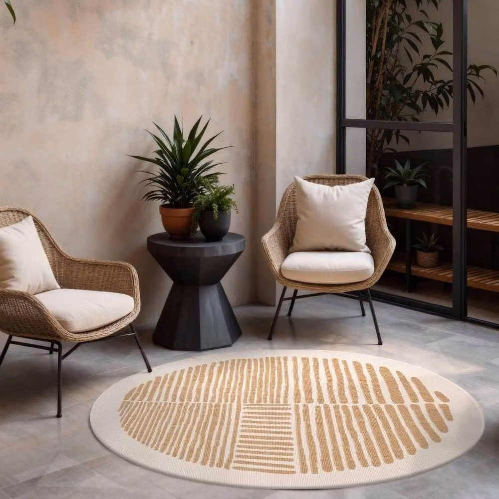 Ted Baker Bounds Abstract Reversible Flatweave Round Indoor Outdoor Rug in Beige, Diameter: 200 cm – 2