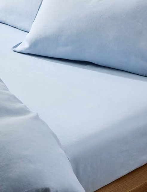 M&S Pure Linen Deep Fitted Sheet in Blue Chambray, Single (3 ft)