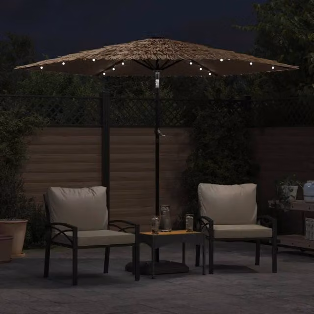 Berkfield Home Brown Garden Parasol with LEDs and Steel Pole, W: 268 cm, D: 268 cm, H: 226 cm