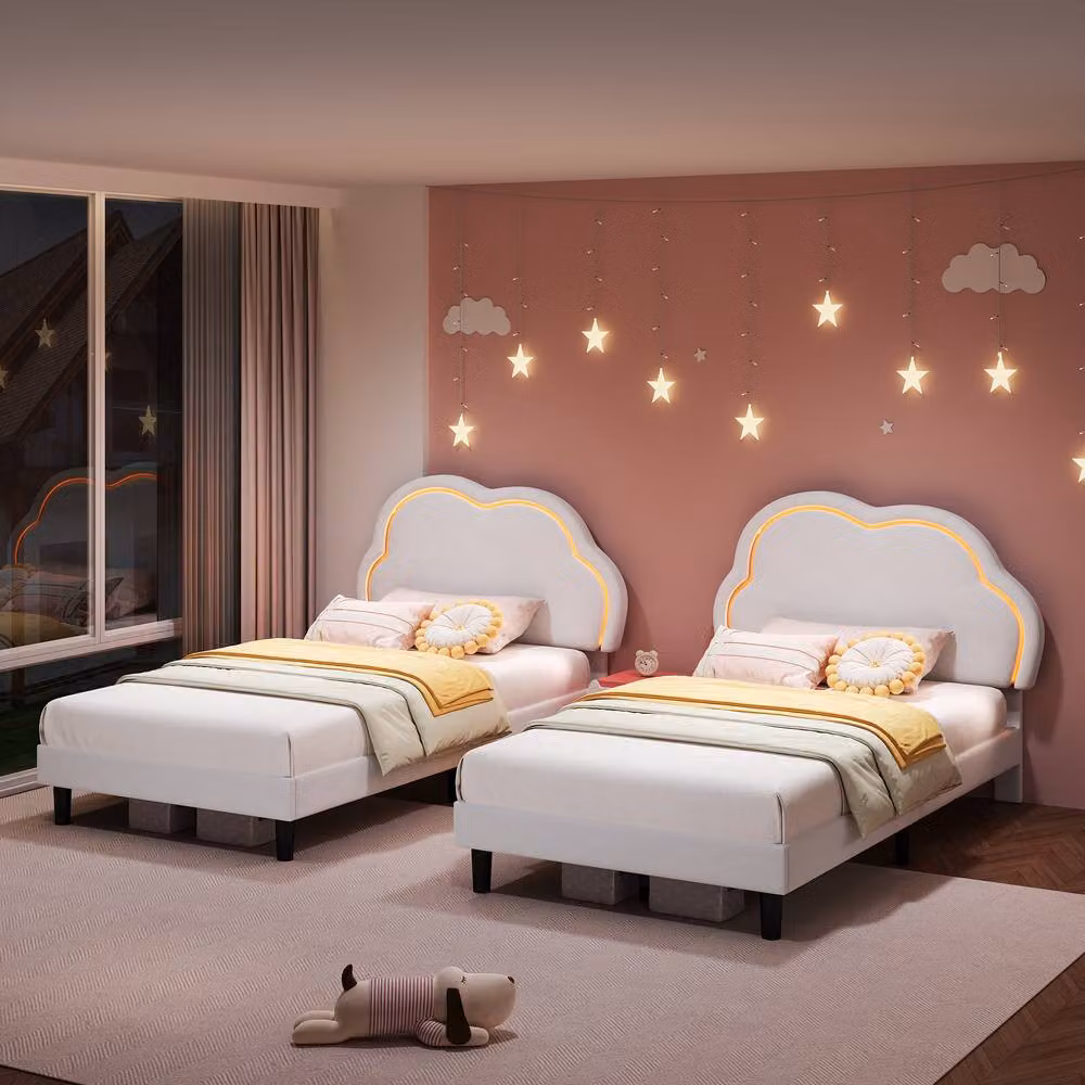 Rolipo Double Velvet Bed Frame in White with Adjustable Cloud Headboard and RGB LED Under-Bed Lighting – 2