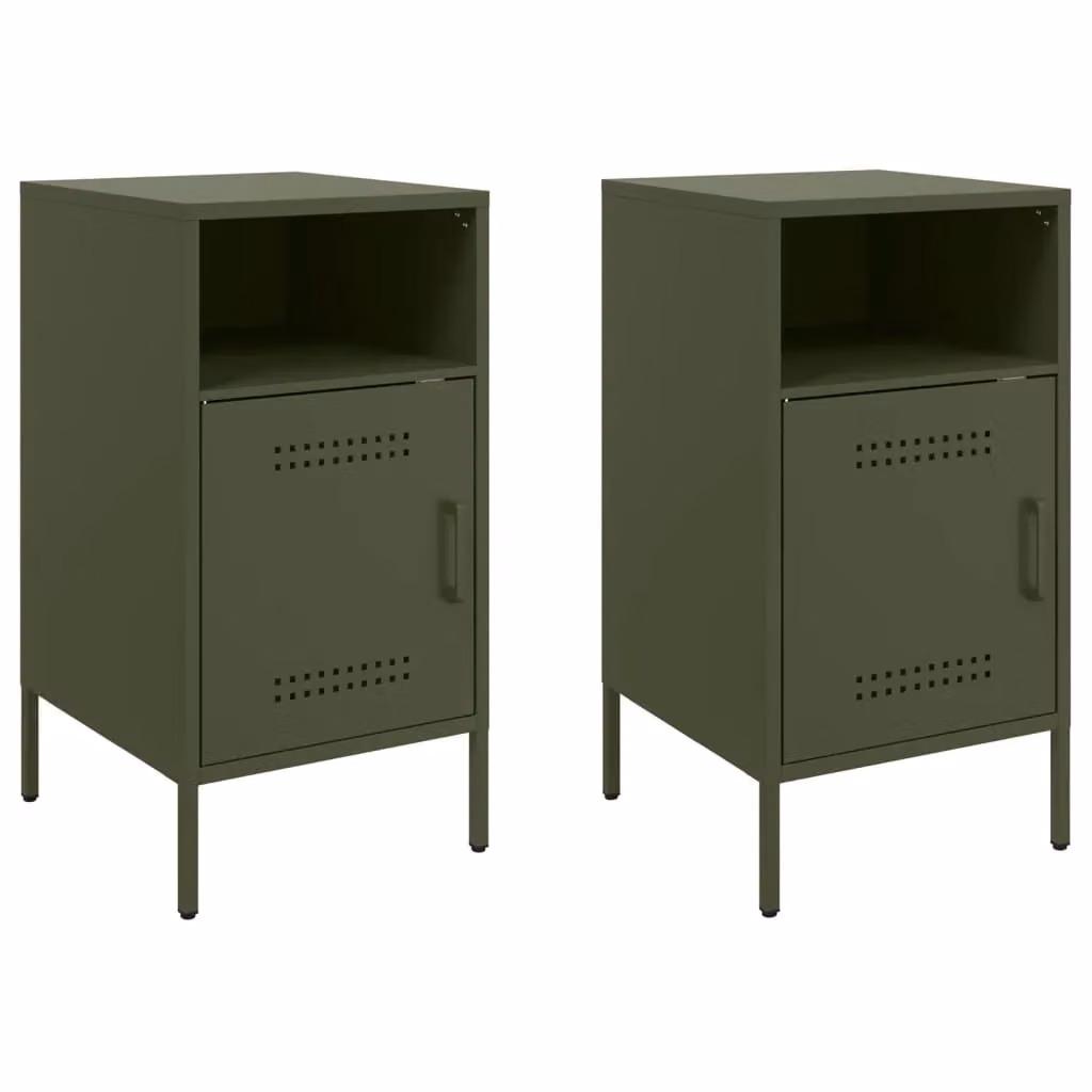 Berkfield Home Set of 2 Industrial Metal Bedside Cabinets in Olive Green, W/D/H: 36 x 39 x 68 cm – 2