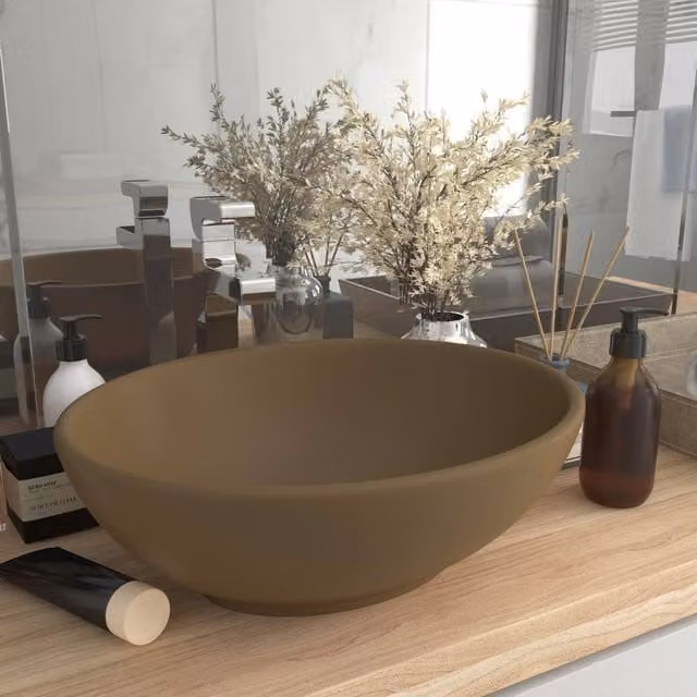 Berkfield Home Luxury Oval Ceramic Countertop Basin in Matt Beige, W: 40 cm, D: 33 cm