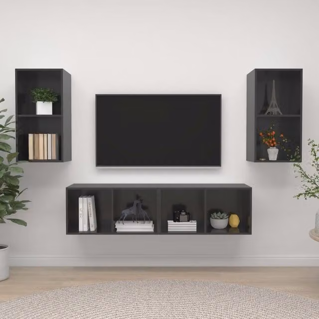 Berkfield Home Set of 4 Wall-mounted TV Cabinets in High Gloss Grey Engineered Wood – 1