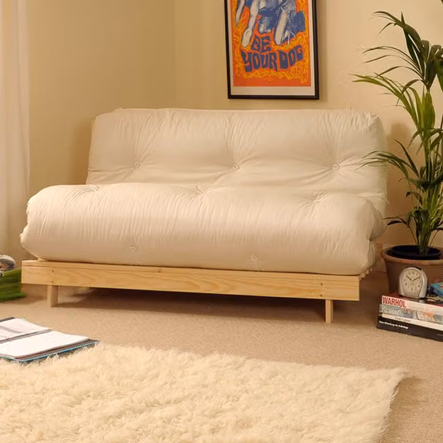 Comfy Living Beige and White Cotton Futon Sofa Bed with Solid Pine Wood Frame, W/D/H: 120 x 200 cm