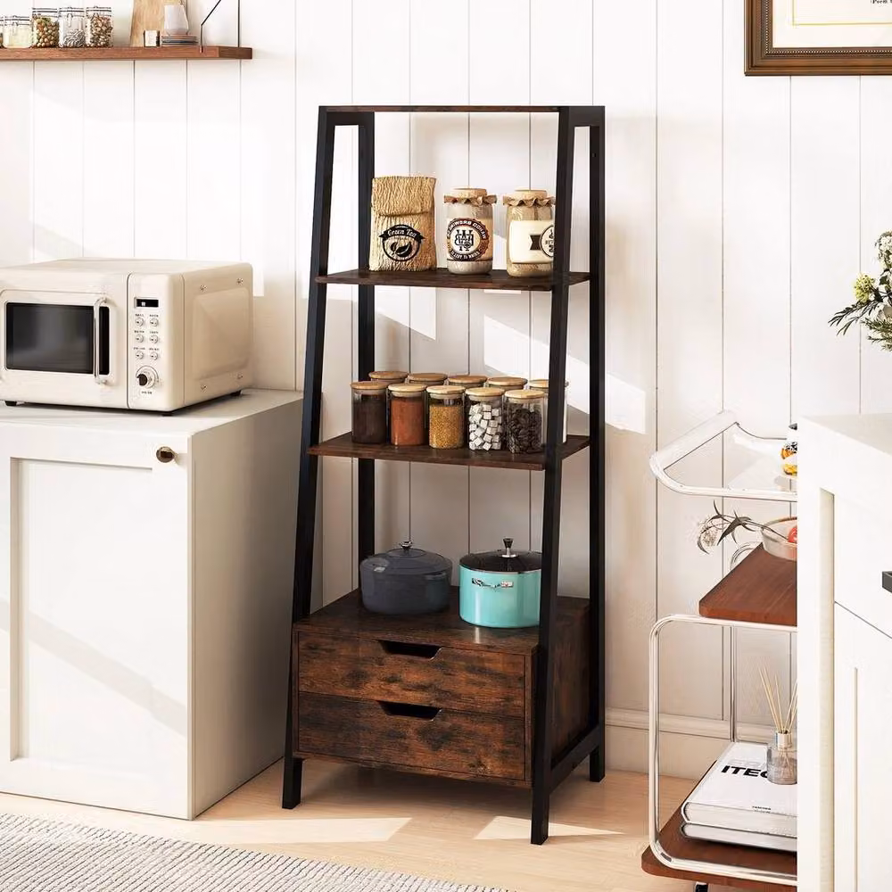 KORVIXA Tall Freestanding Display Rack with 4 Open Shelves in Brown Metal – 3