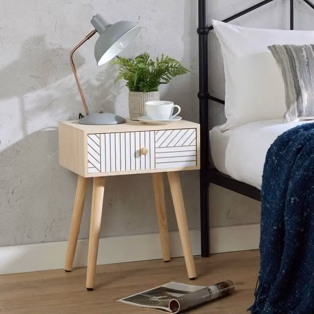 Home Source White Scandi Style Bedside Table with One Drawer and Pine Wooden Legs – 1