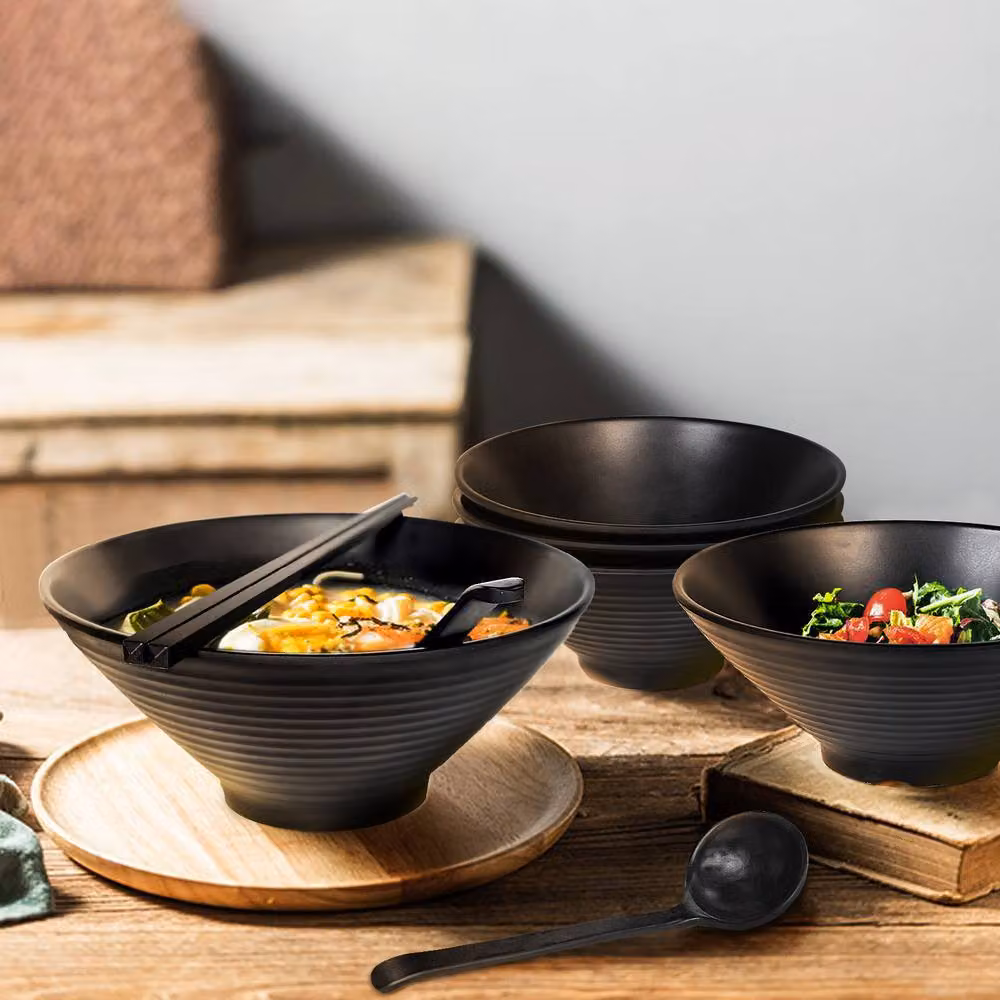 Greentainer Set of 4 Large Black Melamine Japanese Noodle Bowls with Chopsticks and Spoons – 6