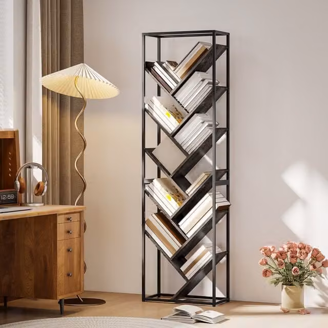 HOMCOM 10 Tier Tree Bookshelf, Modern Grey and Black Ladder Floor Standing Bookcase