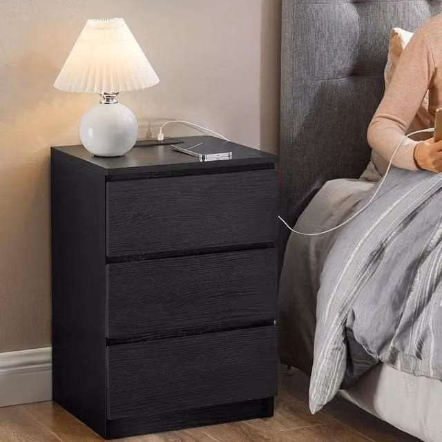 VASAGLE Set of 2 Modern Black Bedside Tables with USB Outlets and Drawers – 1