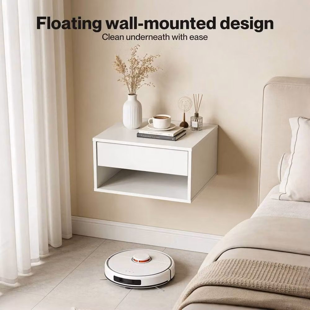 KORVIXA White Wall Mounted Bedside Set with 2 Drawers and Shelf – 2