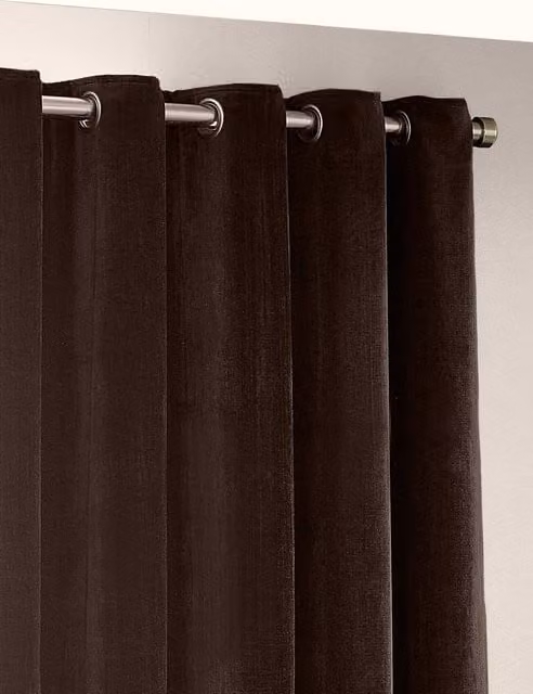 YARD Dark Brown Chenille Velvet Eyelet Curtains, Opaque, W: 137 cm, H: 117 cm