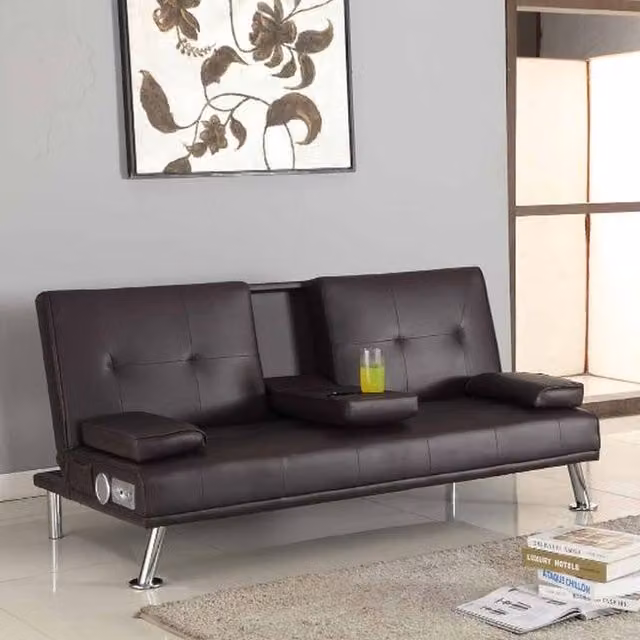 Comfy Living Black Faux Leather Bluetooth Cinema Sofa Bed with Cup Holders