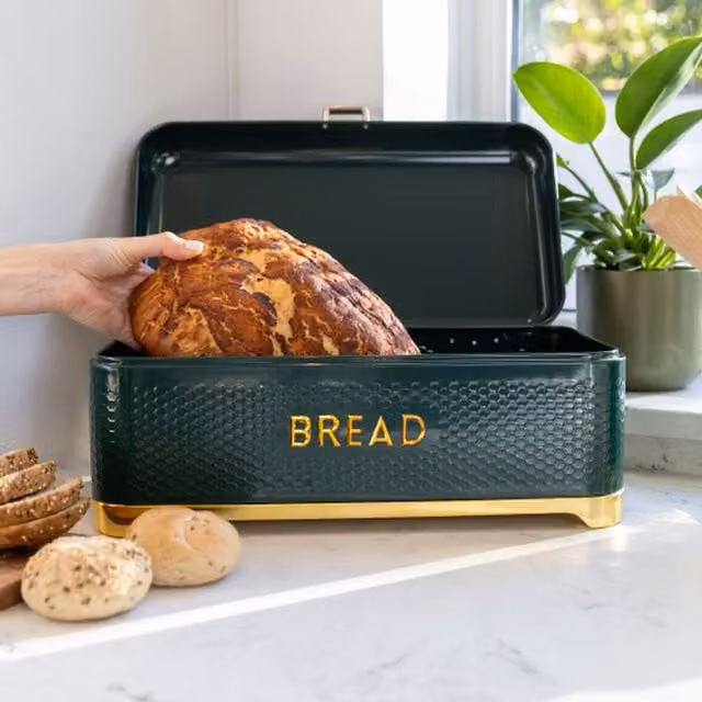 KitchenCraft Ventilated Metal and Enamel Bread Bin in Green and Cream, W/D/H: 41.5 x 18.0 x 18.0 cm