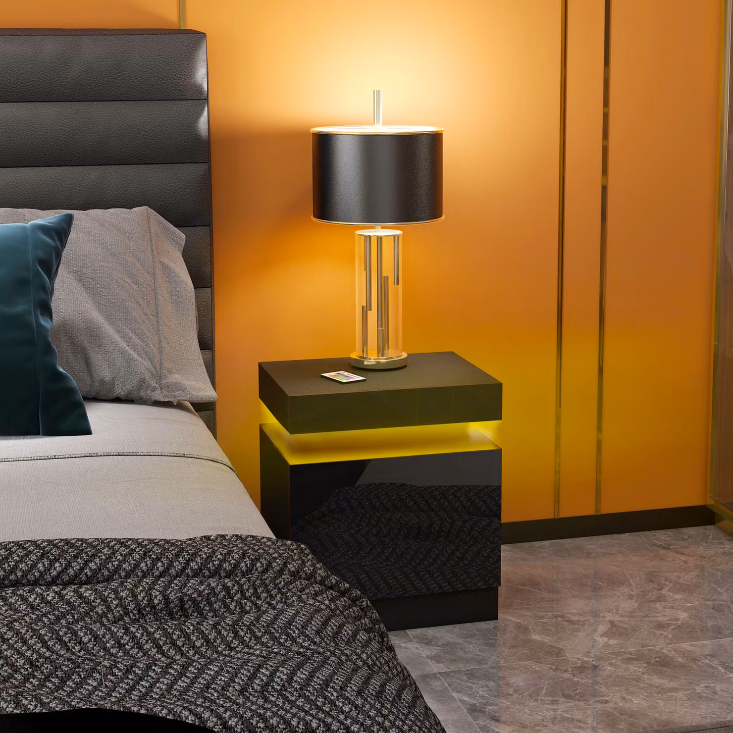 HOMCOM Black High Gloss Bedside Table with Integrated LED Light and 2 Drawers – 7