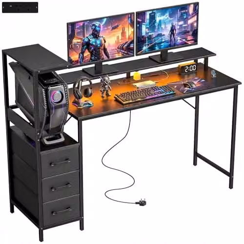 HOMCOM Black Gaming Desk with RGB Lighting and Adjustable Reversible CPU Stand, W: 147 cm, D: 76 cm, H: 75 cm